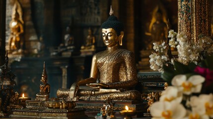 Fototapeta premium Golden Buddha Statue in Temple with Flowers and Candles