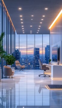 Modern Office Interior Design with City View 3D Illustration