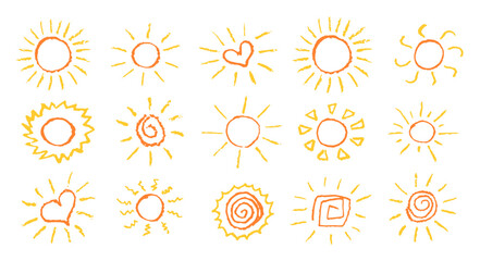 Set of fun like kid drawing yellow sun. Collection painted with pastel crayons or wax pencil sunny icons. Summer sky symbols. Rough chalk texture vector illustration in children style. Design elements