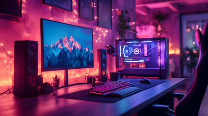 Gaming Setup with Pink and Blue Lights - Realistic Image