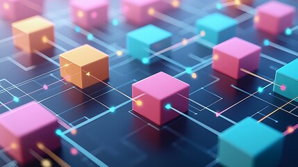 An abstract network of colorful cubes and glowing lines, showcasing the flow of data and connections.