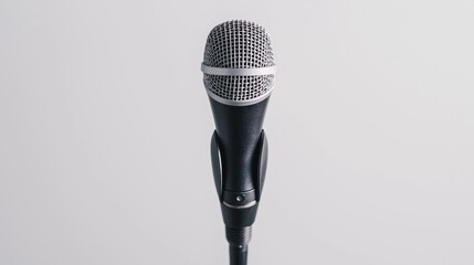 Close up of a professional microphone on a stand against a simple gray background.