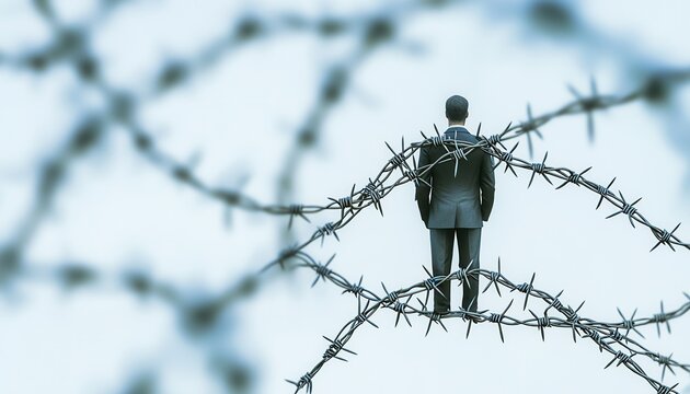 A solitary figure trapped among sharp barbed wire, symbolizing struggle and confinement in a stark, haunting scene.