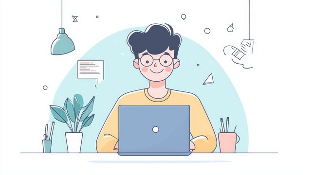 A cheerful cartoon web developer is sitting at his desk, working on his laptop. He is wearing glasses and a yellow shirt. There is a plant on the desk, a lamp hanging overhead, and some code on the sc