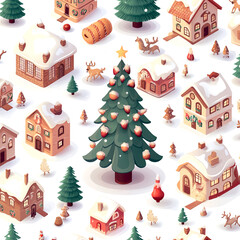 Fototapeta premium Christmas tree and house village pattern snow winter season holiday 3D isometric illustration