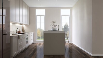Modern, luxury kitchen with cream built in cabinet and cupboard, kitchen island on parquet floor in sunlight from window for interior design decoration, product background 3D