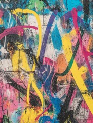 A close-up of a graffiti-covered wall showcasing a vibrant mix of colors, textures, and abstract patterns. The spray paint blends and overlaps, creating a dynamic and chaotic visual experience. It sym