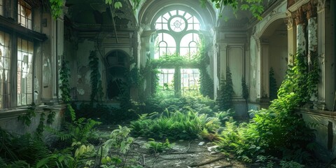 Interior of old abandoned building overgrown with plants