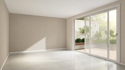 Empty room with beige brown wall in sunlight from white frame glass sliding door to courtyard with...