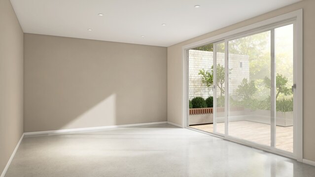 Empty room with beige brown wall in sunlight from white frame glass sliding door to courtyard with tree for luxury, minimal interior design decoration, product background 3D