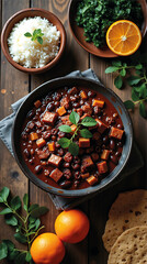 Traditional Brazilian Feijoada with Rice, Orange Slices, and Collard Greens
