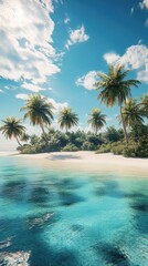 The calm waters reflect the vibrant blue sky and lush greenery surrounding a beautiful tropical beach