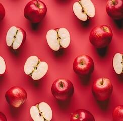 red apples pattern on red background, fruit advertising banner