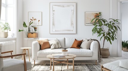 Naklejka premium Modern Living Room with White Sofa and Natural Elements