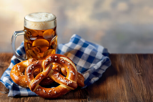 A refreshing glass of beer paired with crunchy pretzels on a wooden table