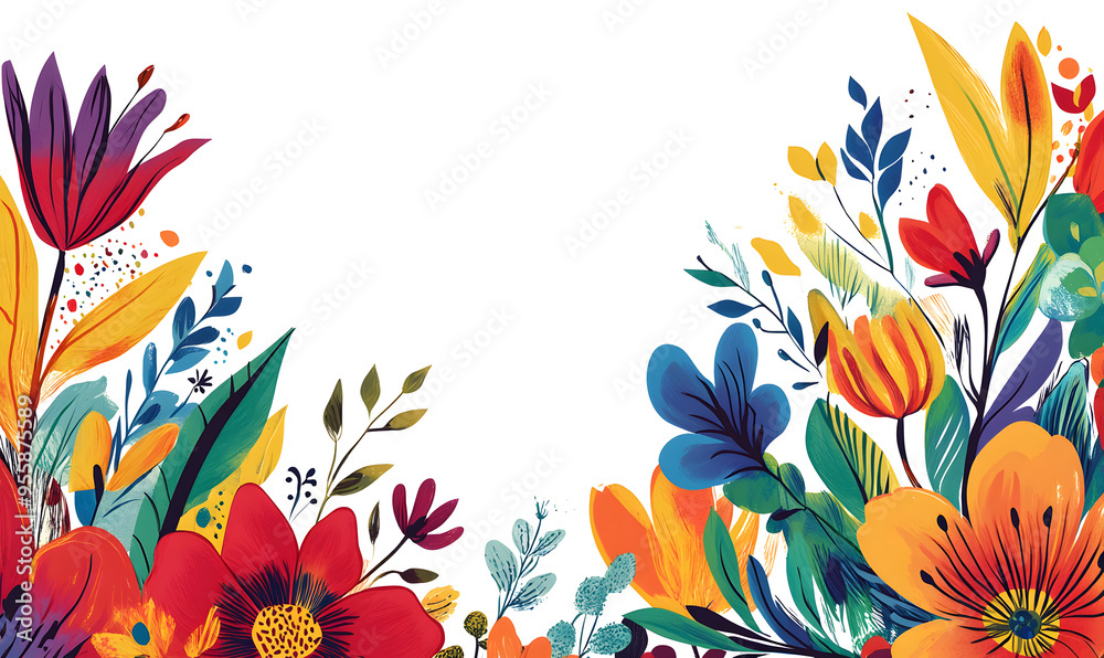 Wall mural floral and leaf on white background in doodle-style tile designs with graphic format.