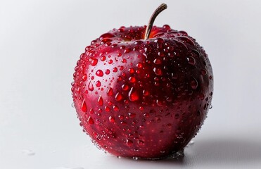 red apple with water drops on it, macro photography, white background