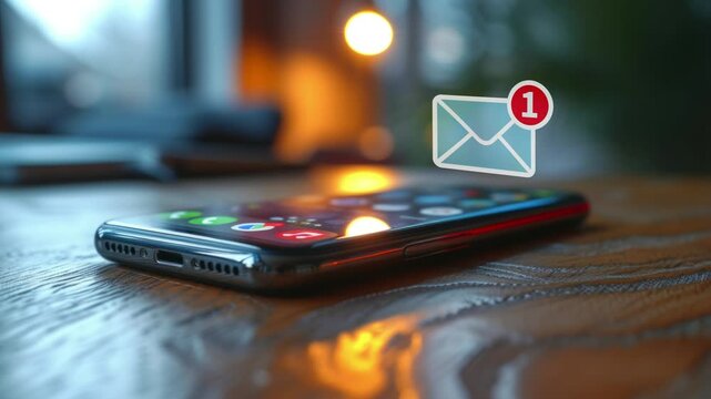 Text message received on mobile smart phone, animated envelope icon