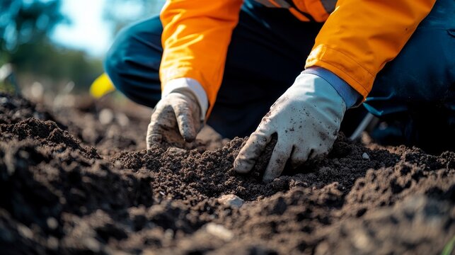 A close-up shot of a geotechnical engineer's gloved hands examining soil, representing careful analysis, construction planning, environmental impact assessment, site preparation, and foundation design