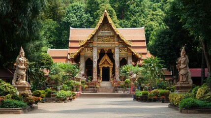 Traditional Thai Temple with Golden Decorations and Lush Greenery