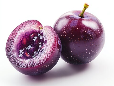 A whole and halved ripe purple plum isolated on white background.