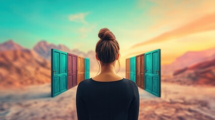 A person stands before colorful doors, contemplating new opportunities against a stunning sunset landscape.