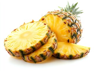 A whole pineapple and slices on a white background.  The fruit is ripe and ready to eat.  Photo isolated on white.