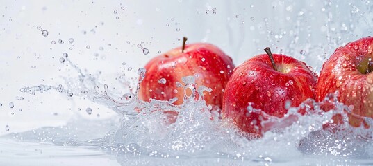apples in splashes of water on white background with copy space