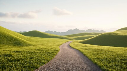 Fototapeta premium A winding path through green rolling hills under a clear sky in the early morning light reveals nature's beauty at dawn.