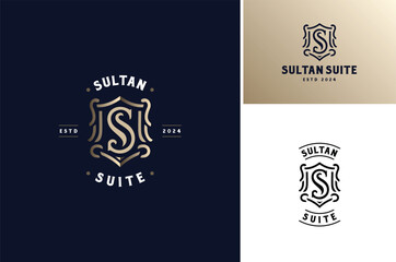 Luxury Golden Shield with Initial Letter S for Elegant Crest or Classic Premium Brand Logo Design