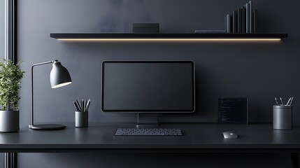 Minimalist Black Desk with Computer and Accessories - 3D Illustration