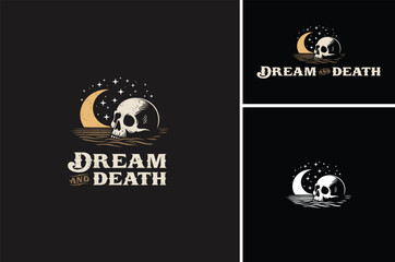 Human Skull on the Desert at night with Crescent Moon and stars in the sky for Horror Dark logo or T Shirt illustration design