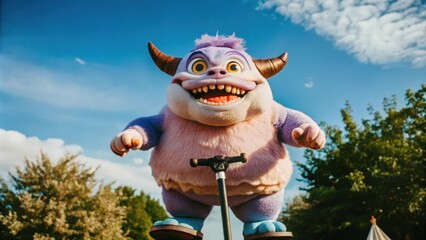 Fototapeta premium Purple Furry Monster with Horns on a Scooter