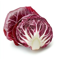 Obraz premium Close-up of a fresh, vibrant red radicchio with white veins, isolated on white background.