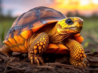 Naklejka premium Endangered Ploughshare tortoise in Madagascar in a closeup shot with the tortoise in its natural, richly textured habitat