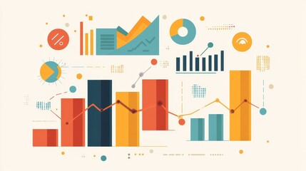 Obraz premium A colorful, flat-design illustration depicting the debt-to-equity ratio, a key financial metric used to assess a company's financial risk. The illustration includes various charts, graphs, and symbol