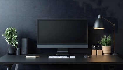 Minimalist Black Desk with Computer and Lamp 3D Illustration