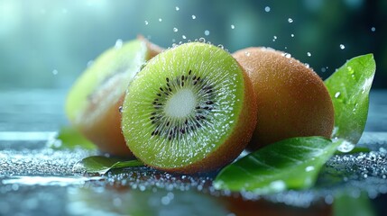 Juicy kiwi with leaves, close-up, vibrant texture, isolated background, 3D Blender Style, cute minimal, high detail