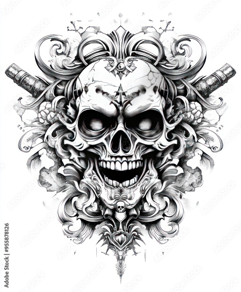 Sticker An intricate skull design surrounded by ornate elements and weapons.