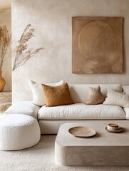 A contemporary living room featuring a white sectional sofa with plush cushions, a large abstract painting, and a rustic wooden coffee table. The room is decorated in neutral tones with textured eleme