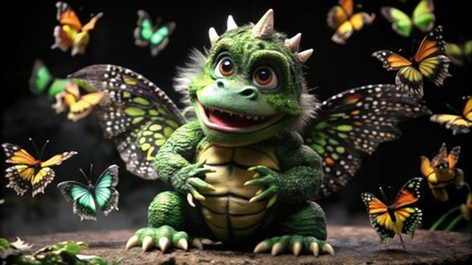 Obraz premium Green Dragon with Butterfly Wings Surrounded by Butterflies