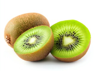 Obraz premium Fresh, ripe kiwi fruit, one whole and two halves, isolated on white background.
