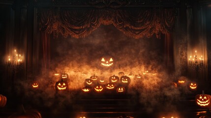 A dark and dramatic Halloween stage set with a curtain made of jack-o'-lanterns. The stage is shrouded in smoke, creating an eerie atmosphere. The jack-o'-lanterns glow warmly, casting sinister shadow