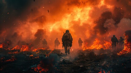 Fototapeta premium Soldiers Walking Through Fire and Smoke