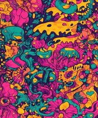 A vibrant, abstract pattern featuring colorful organic shapes and textures.