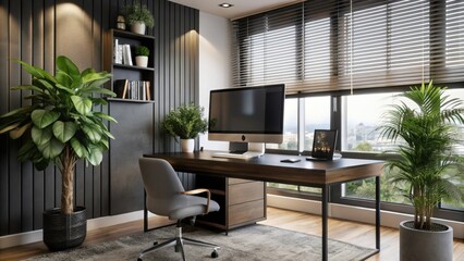 Fototapeta premium Modern Home Office with Large Window and Desk