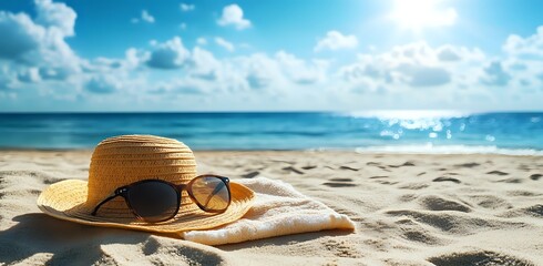 Summer Vacation Essentials: Sunglasses and a Straw Hat Resting on a Beach Towel