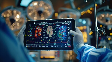 Fototapeta premium Surgeon Reviewing Brain Scan on Tablet in Operating Room