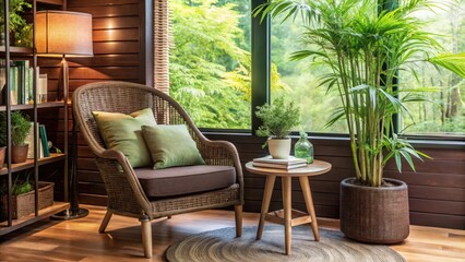 Fototapeta premium Cozy Wicker Armchair by Window with Greenery and Side Table