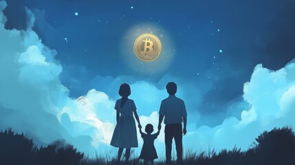 Fototapeta premium A family of three stands silhouetted against a night sky, holding hands and looking up at a bitcoin symbol glowing like a moon, symbolizing hope, financial security, future, family, and cryptocurrency